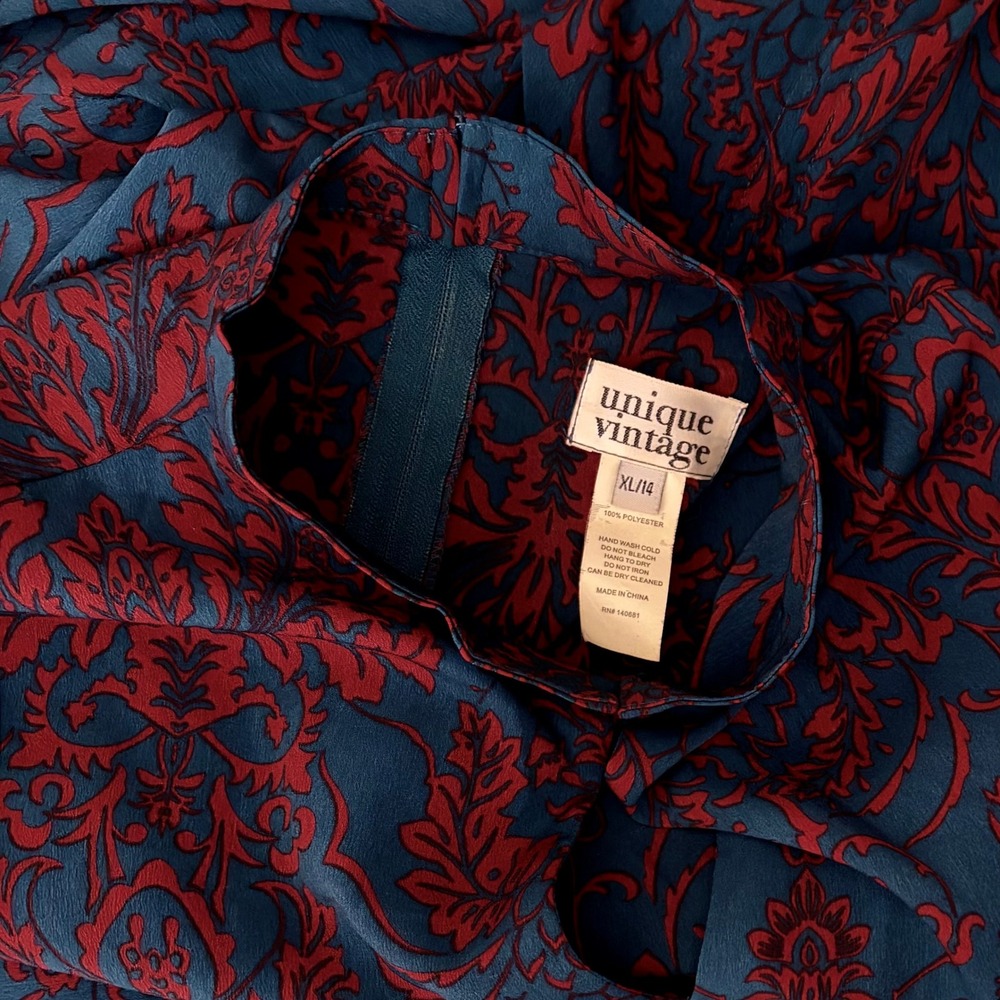 UNIQUE VINTAGE 1950s Damask Baltimore Swing Dress Blue Red Retro Pinup X-Large - Picture 12 of 13